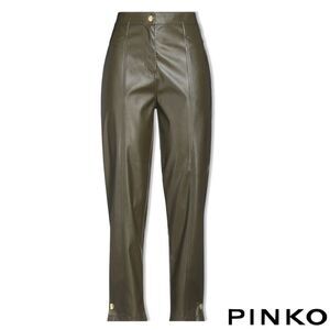 Pinko **NWT** Straight-leg Faux Leather Pant with Ankle Snaps in Military Green